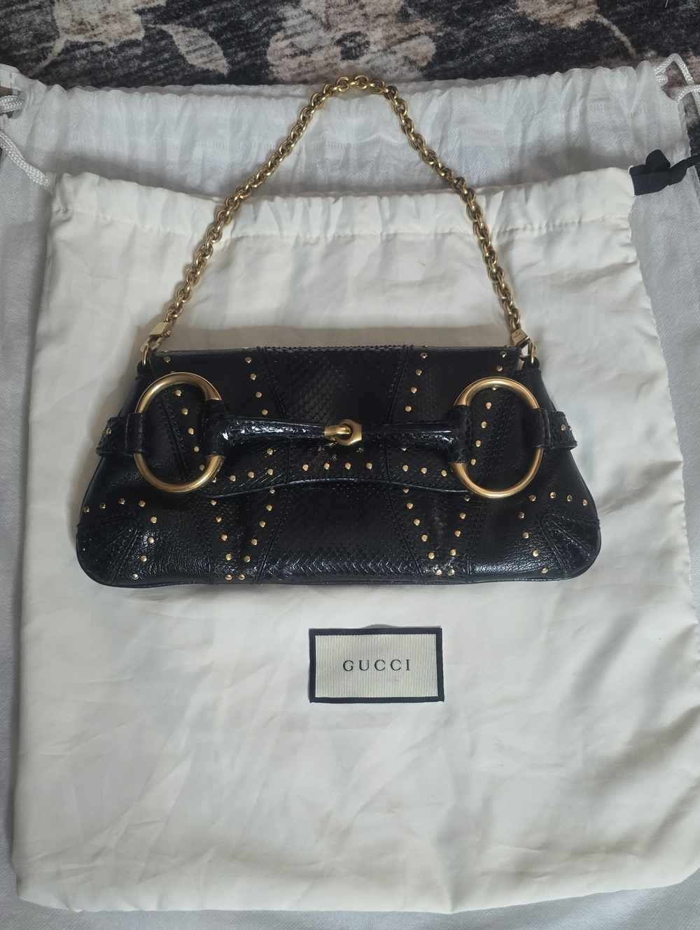 Gucci Black Python Shoulder Bag with Gold Studs & Chain